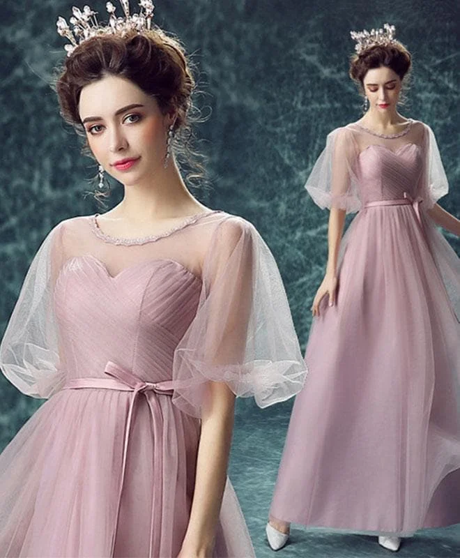 Pink Round Neck Tulle Long Prom Dress, Pink Evening Dress