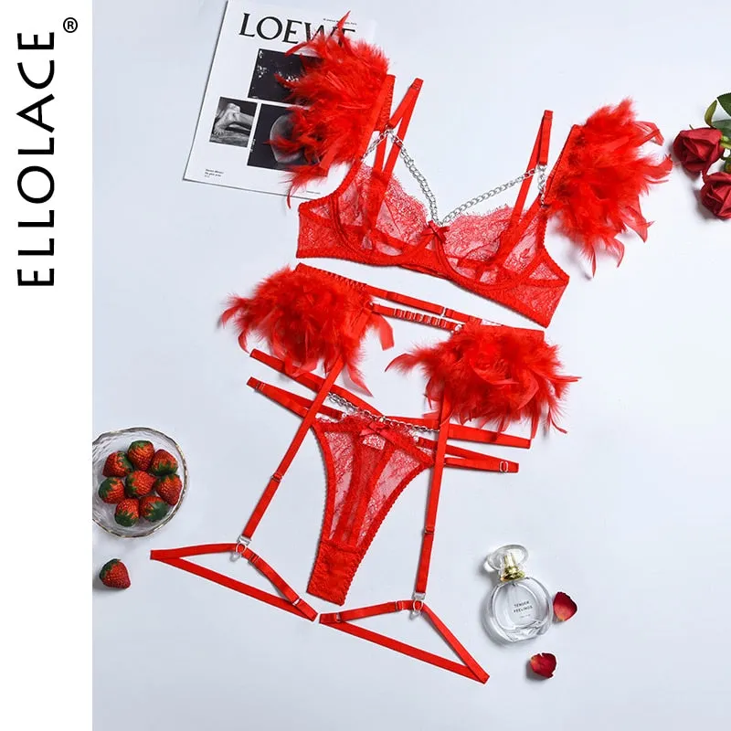 Ellolace Feather Sensual Lingerie Sexy Transparent Lace Bra With Chain