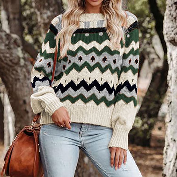 Vefave Vintage Crew Neck Argyle Jacquard Sweater