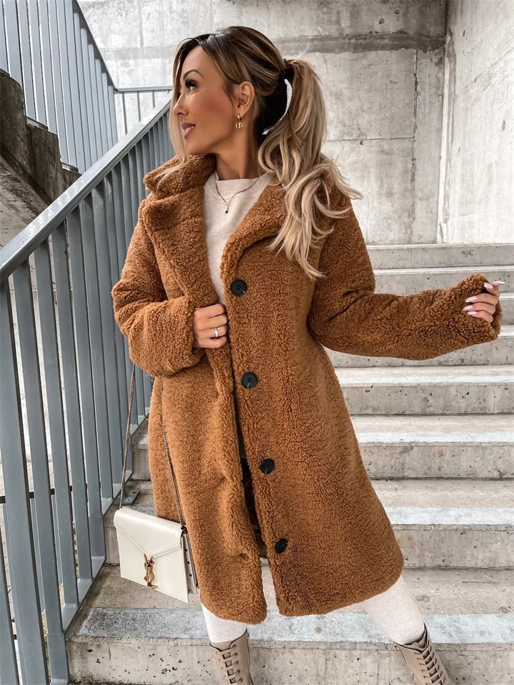 Autumn and Winter Women's Explosive Fur Long-sleeved Lapel Women's Plush Tops Commuter Wind Long Coat-JRSEE