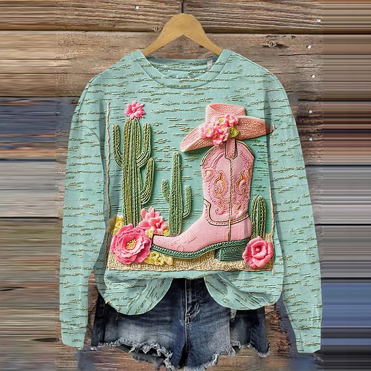 Vintage Western Boots And Cacti Printed Casual Sweatshirt