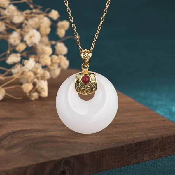 Round White Jade Blessing Pendant Necklace