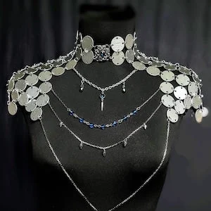 pornhint Pornhint Metal Sequin Dress, Shoulder Armor Epaulettes Festival Outfit with Body Chain, great for Renaissance Fair, Burlesque, Wedding, Rave Outfit