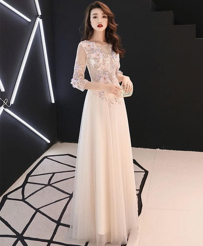 Champagne Tulle Lace Long Prom Dress, Champagne Evening Dress