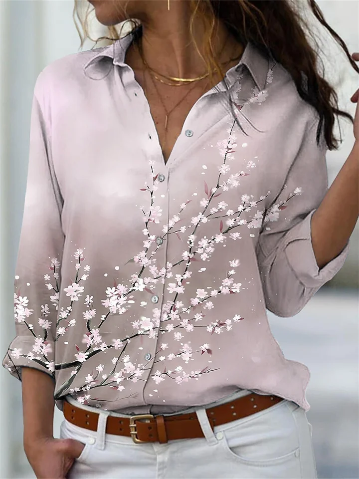 Women's Tops Peach Blossom Printed Large Size V-Neck Long Sleeve Loose Shirt-JRSEE
