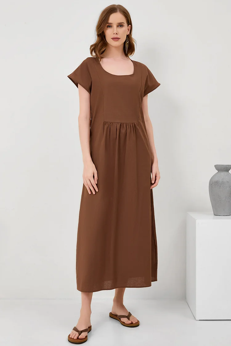 Short Sleeve Mid Length Cotton Linen Dress[ Pre Order ]