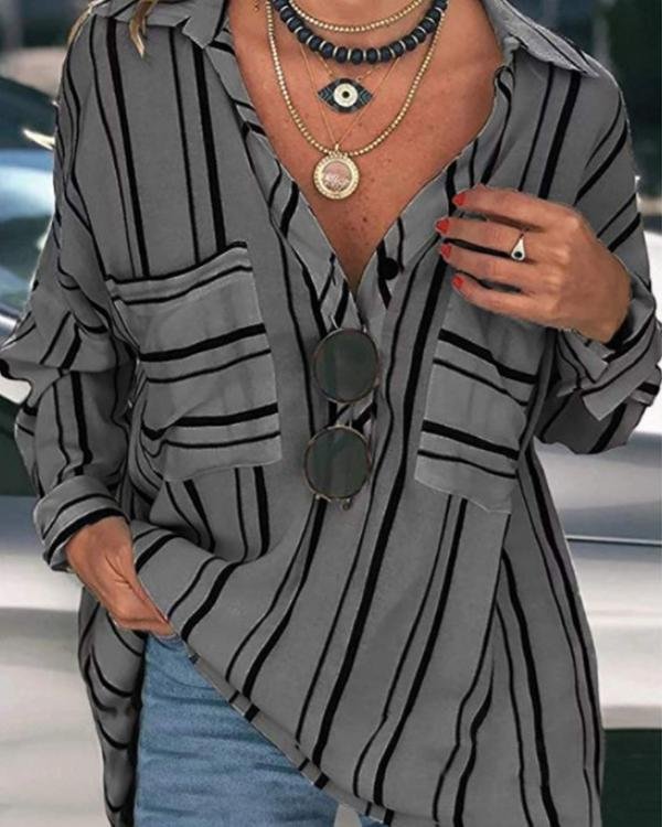 Striped Buttoned Down Plus Size Blouses Shirts