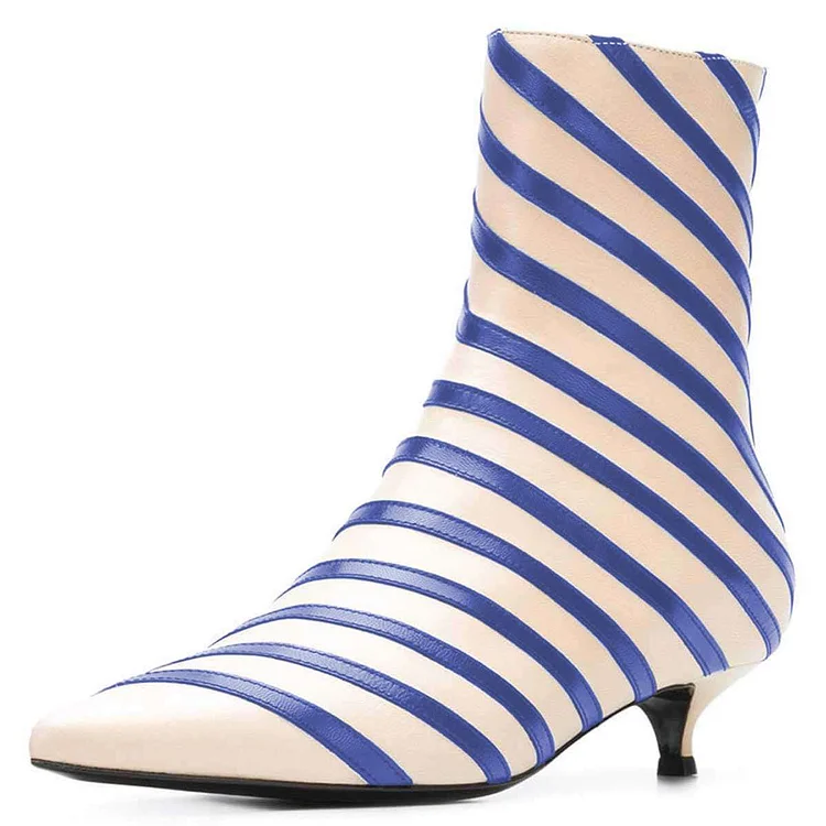Beige and Blue Kitten Heel Boots Stripes Ankle Boots |FSJ Shoes