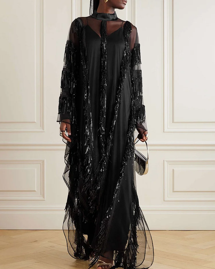 Fringed Sequined Tulle and Cady Gown