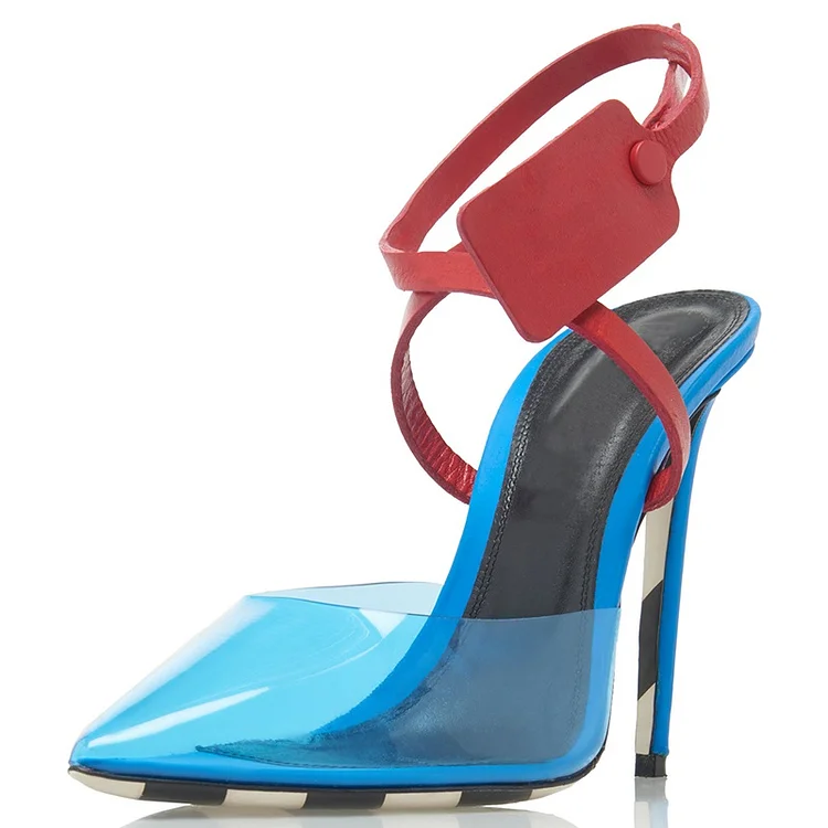 Blue and Red PVC Cross Over Agraffe Stiletto Heel Slingback Pumps |FSJ Shoes