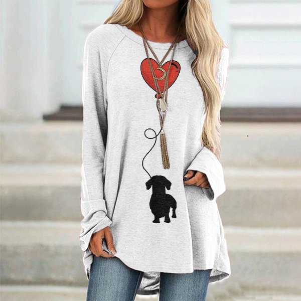 Vefave Simple Love Dog Print Crew Neck Long Sleeve Tunic