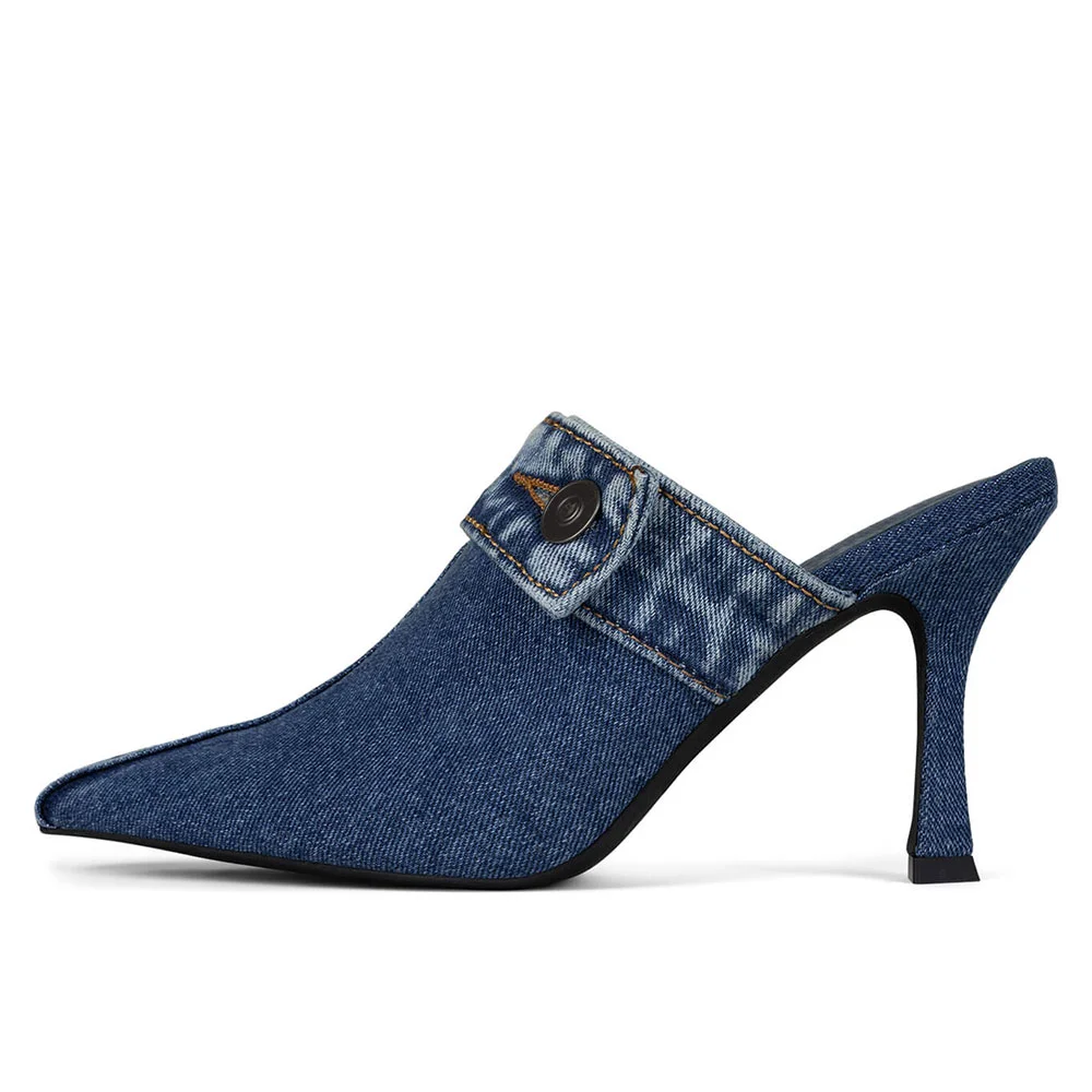 Blue Denim Patchwork Closed Pointed Toe Stiletto Heel Mules Shoes Nicepairs