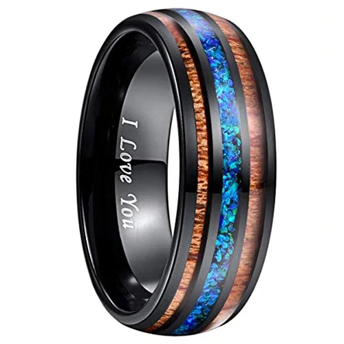 Women's Or Men's Tungsten Carbide Wedding Band Matching Rings,Black Tone Wood and Sea Blue Opal Inlay Ring I Love You Text With Mens And Womens Ring For Width 4MM 6MM 8MM 10MM