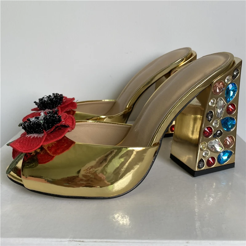 TAAFO Rhinestone Butterfly-Flower Sandals Women Diamond Square Heel Patent Leather Slingbacks Mules 