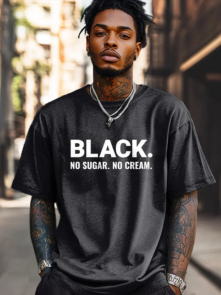 Men's Black No Sugar No Cream Print Cotton Casual T-Shirt