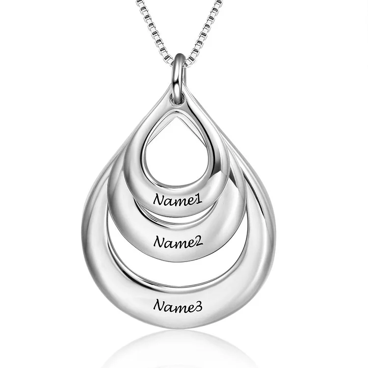 Personalized Engraved Necklace with  3 Names Triple Water Drop Shape Pendant Family Necklace Silver