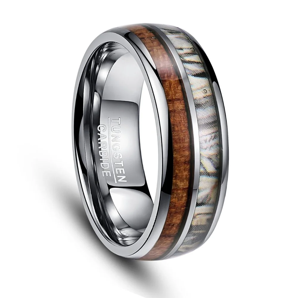 8mm Silver Wide Artichoke Wood Tungsten Carbide Rings Men's Wedding Bands