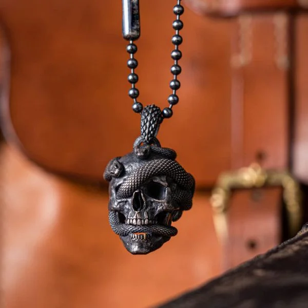Sterling Silver Skull Snake Pendant Necklace