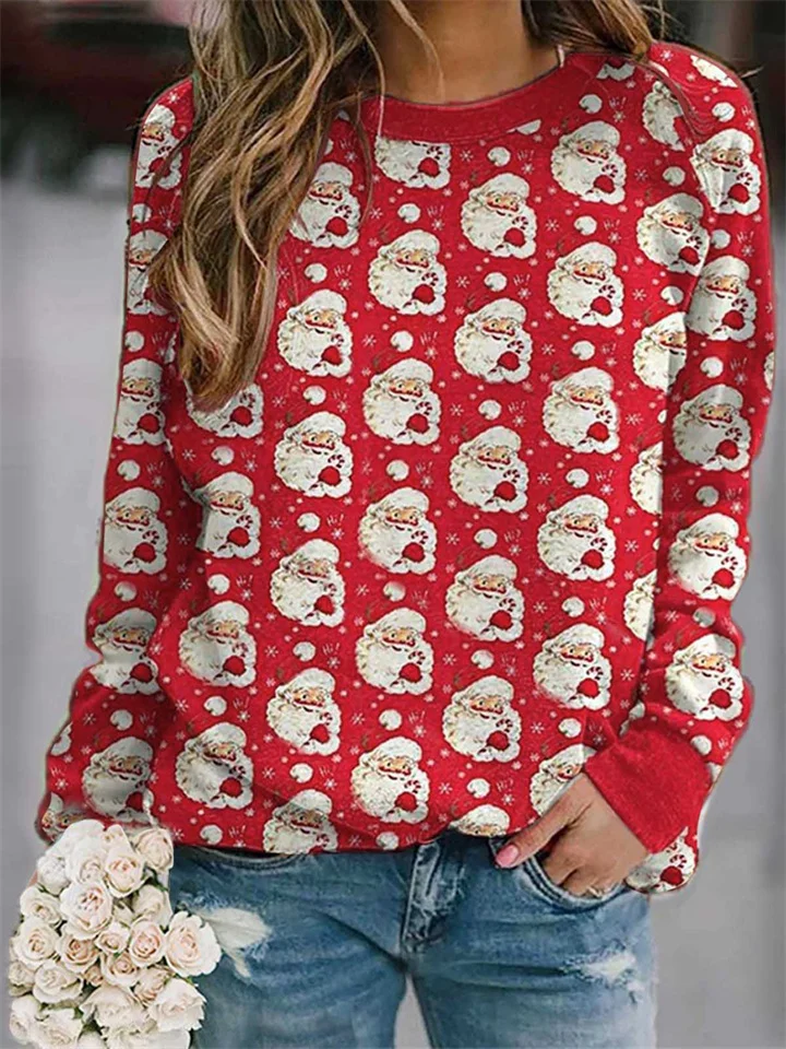 Women's New Christmas Snowman Print Round Neck Pullover Loose Long Sleeve Santa Claus T-Shirt Women