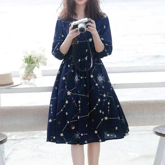 Navy Galaxy Printing Laced Dress SP1710070