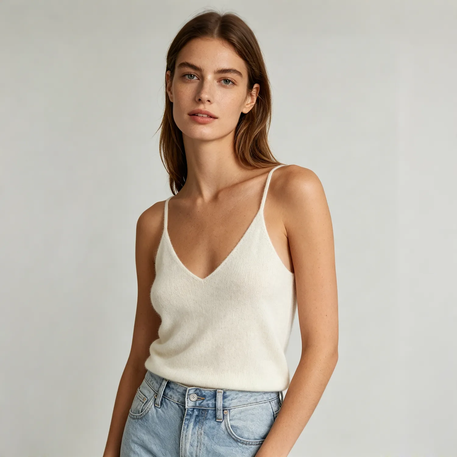 Cashmere Wool Blend Knit Tank V Neck Slim Fit Spaghetti Strap Autumn Layering Style REAL SILK LIFE
