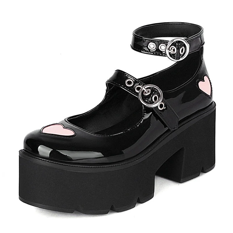 UEONG Belt Buckle Heart Gothic Lolita Shoes For Women Patent Leather Black Platform Chunky Heel Women Pumps Japanese Harajuku
