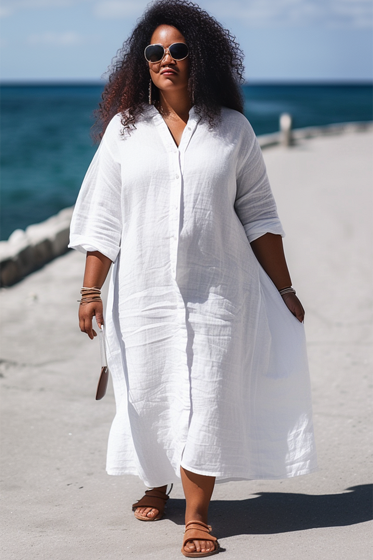 Xpluswear Design Plus Size White Beach Single Breasted Long Sleeve Shirtdress Linen Midi Dress 