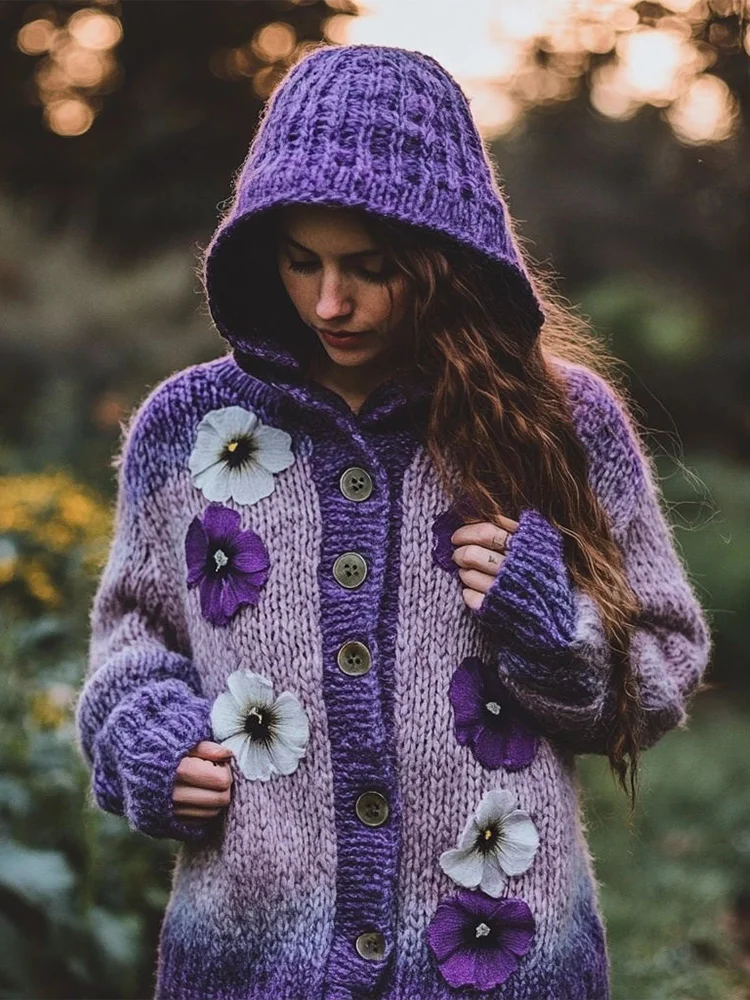 Women's Flowers Embroidery Gradient Color Cozy Knit Hooded Cardigan