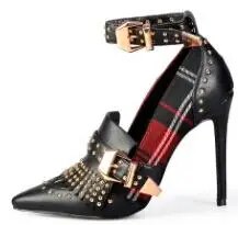 TAAFO Mary Jane Shoes in Women's Pumps High Tartan Heels Plaid Dress Shoes with Rivets Ankle Strap Buckle Women Shoes
