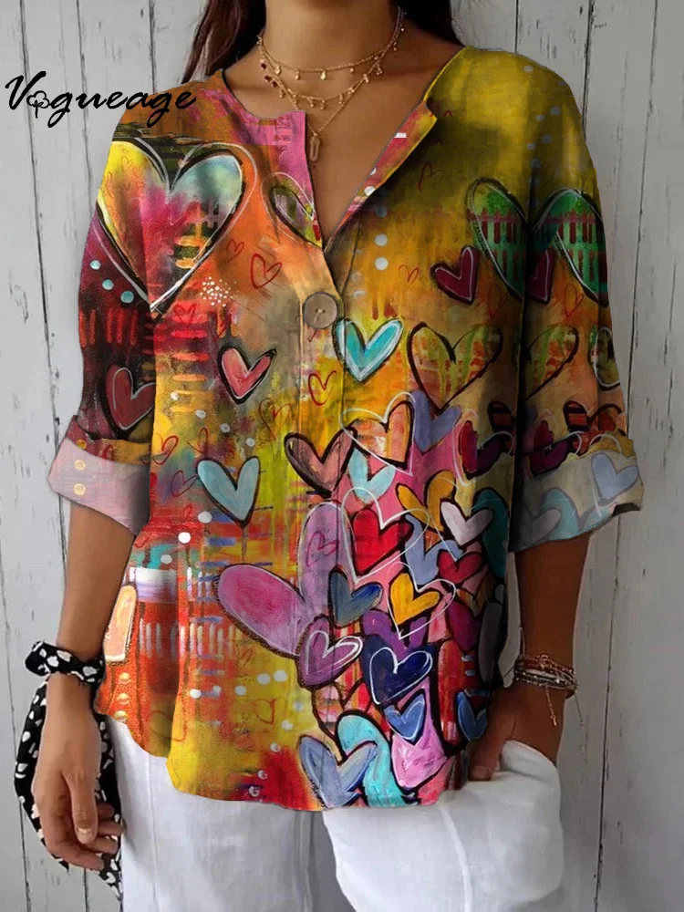 Gentle Gorgeous Fashionable Love Printed Cotton And Linen Shirt