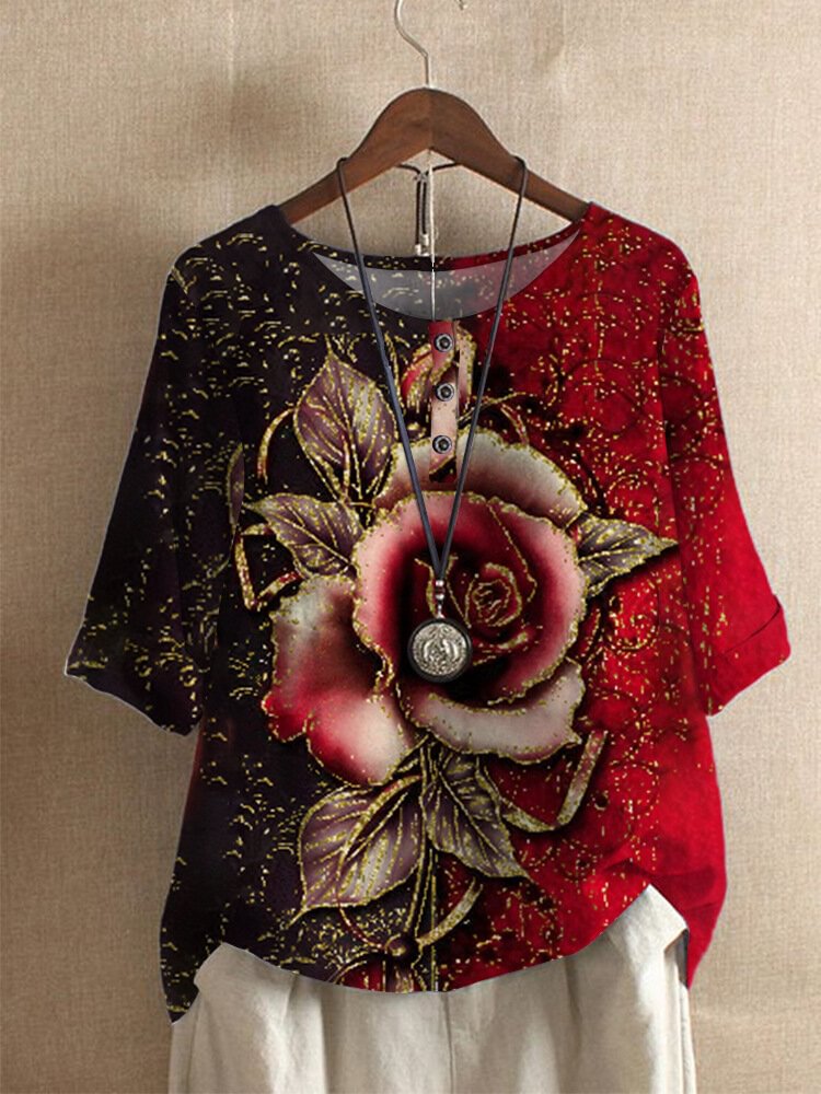 Flower Print O neck Half Sleeve Button Women Casual T shirt P1856176
