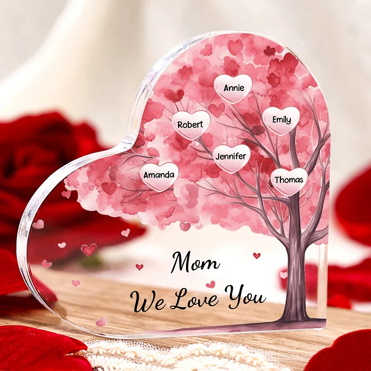 6 Names - Personalized Acrylic Heart Keepsake Custom Text Pink Tree Ornaments Gifts for Grandma/Mother