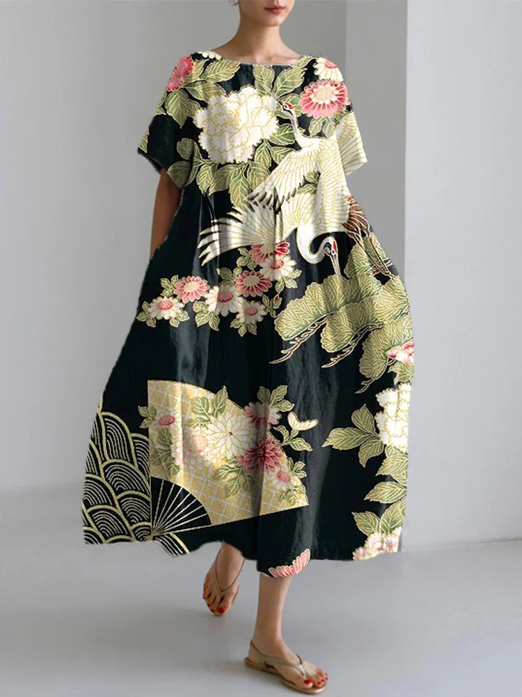 Comstylish Japanese Floral Traditional Pattern Print Linen Blend Dress