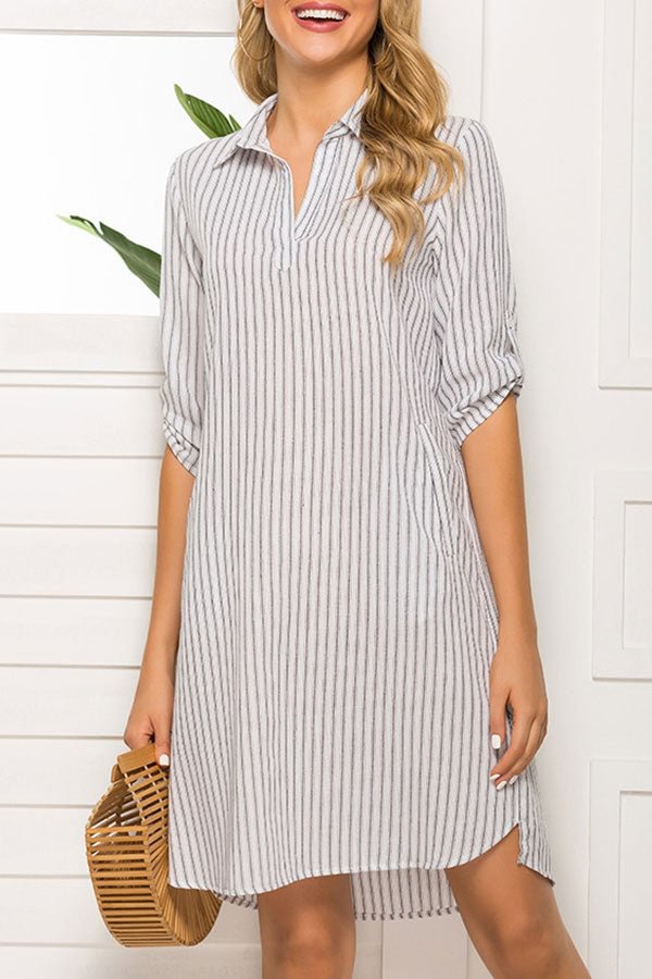 Casual Striped Pockets Shirt Dress - BlackFridayBuys