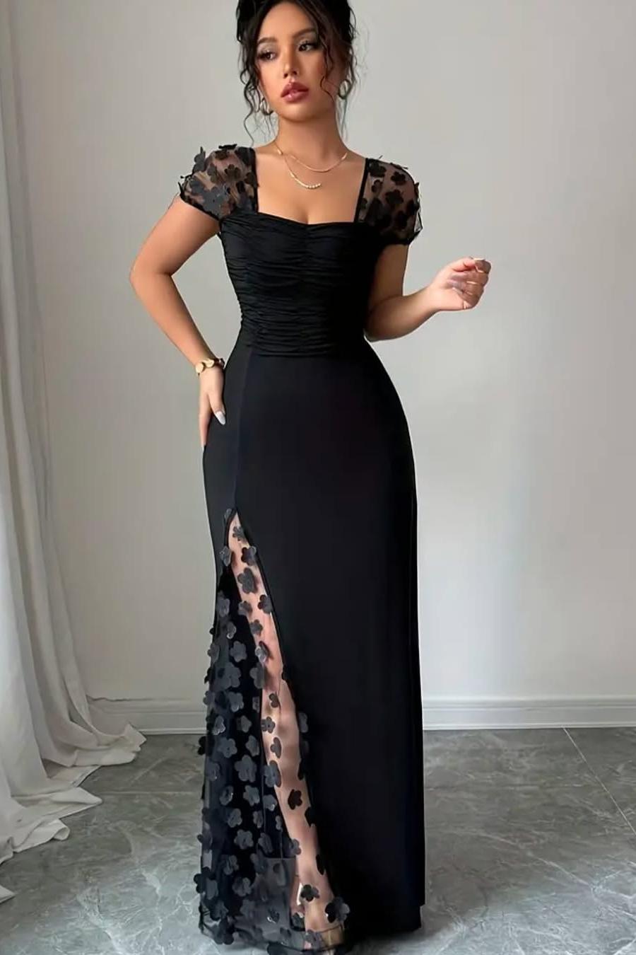 Miabel Glamorous Black Satin Applique Square Neck Pleated Prom Dress with  Split