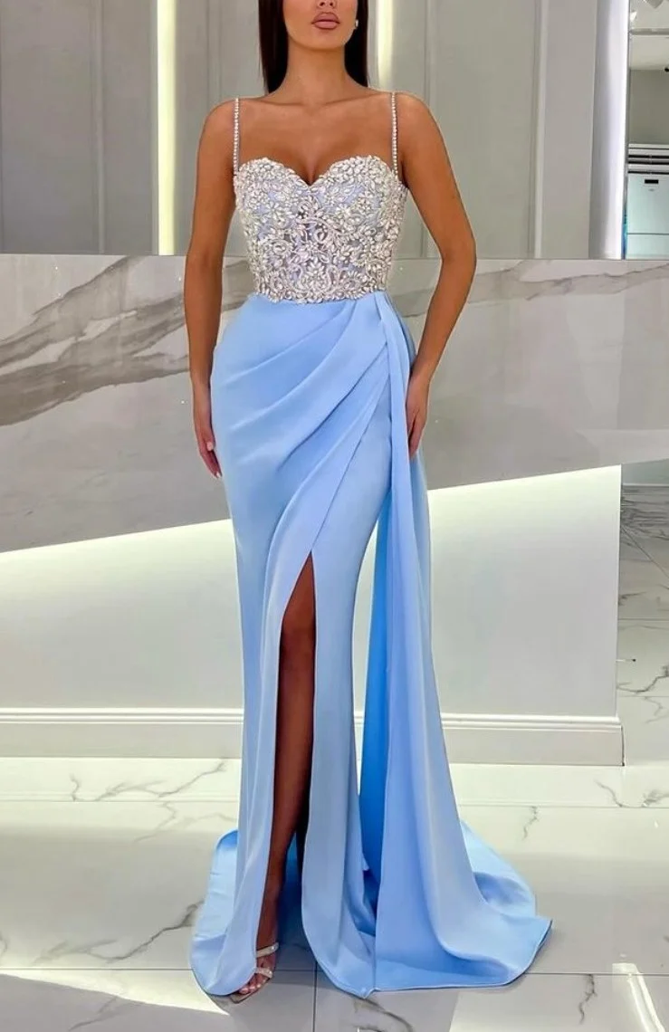 Prom Dress Baby Blue With High Slit Spaghetti Strap Sweetheart Appliques YL0309