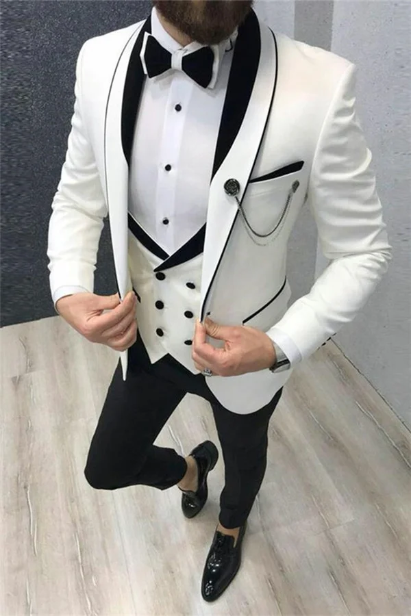 Miabel Gentle White Wedding Tuxedos Groom Suits for Men 3 Pieces With Black Lapel