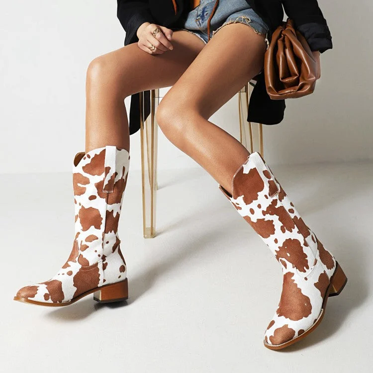 Women's Cow Print Western Block Heel Cowboy Boots shopify Stunahome.com