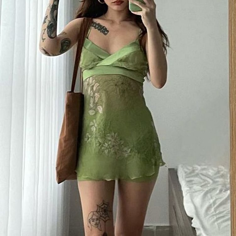 Spaghetti Strap V-Neck Floral Print Mini Mesh Dress SP18650