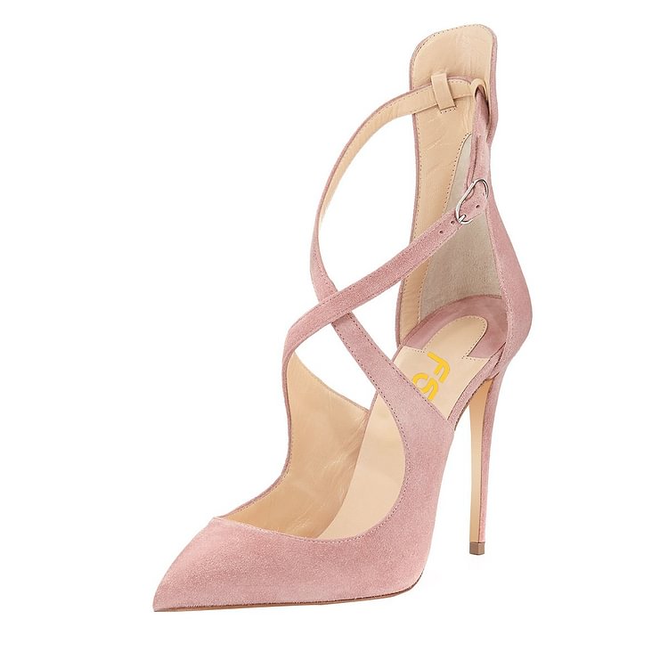 Pink Suede Shoes Cross over Strap Pointy Toe Stiletto Heel Pumps |FSJ Shoes