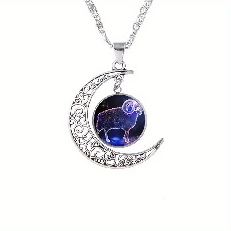 Twelve Constellation Moon Necklace Time Gemstone Pendant Necklace Personality Neck Jewelry Birthday Gift VangoghDress