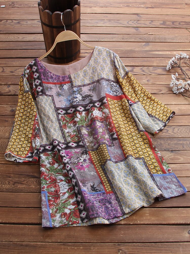 Half Sleeve Ethnic Floral Print Vintage Blouse For Women P1638084