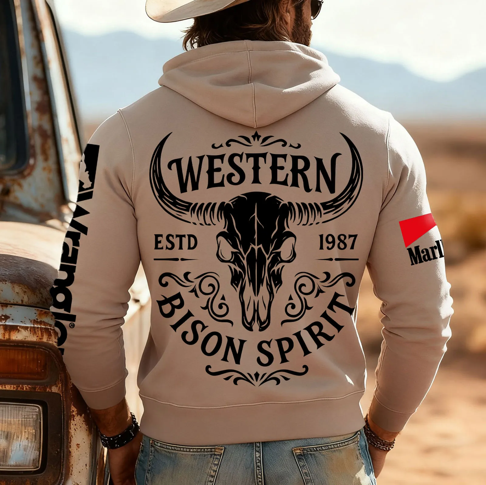 Men's Western Bison Spirit Fleece-Lined Hoodie - Ideal For Outdoor Adventures