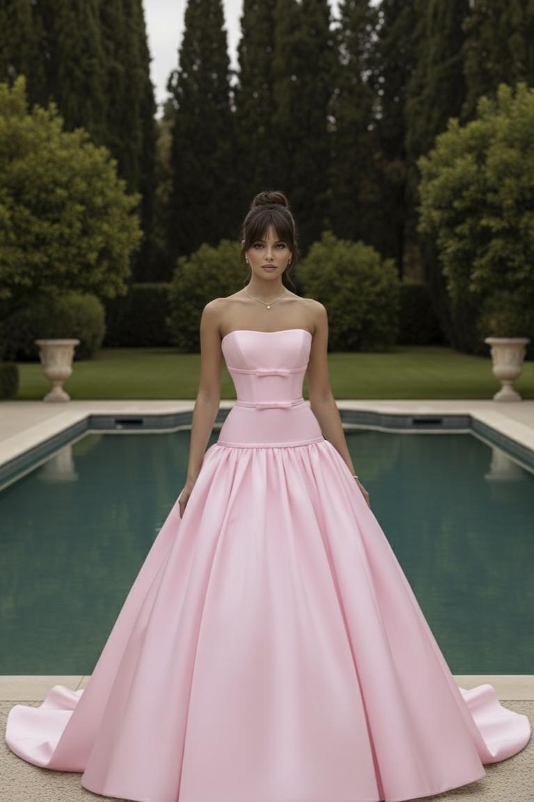 Lussooy Gorgeous Satin Pink Sleeveless A Line Strapless Sweep Prom Dress