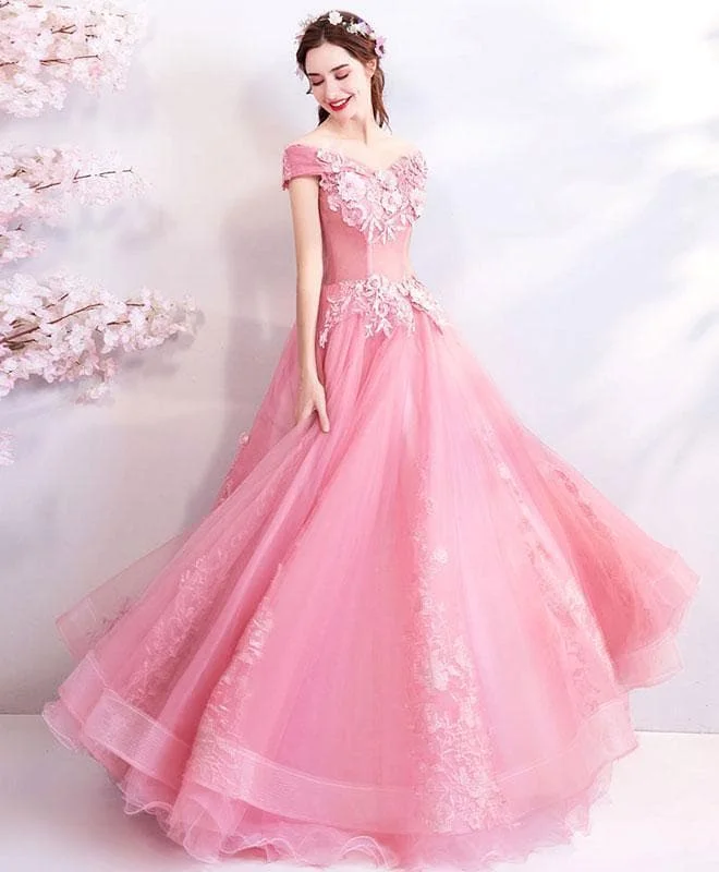 Pink Tulle Off Shoulder Lace Long Prom Dress, Pink Evening Dress