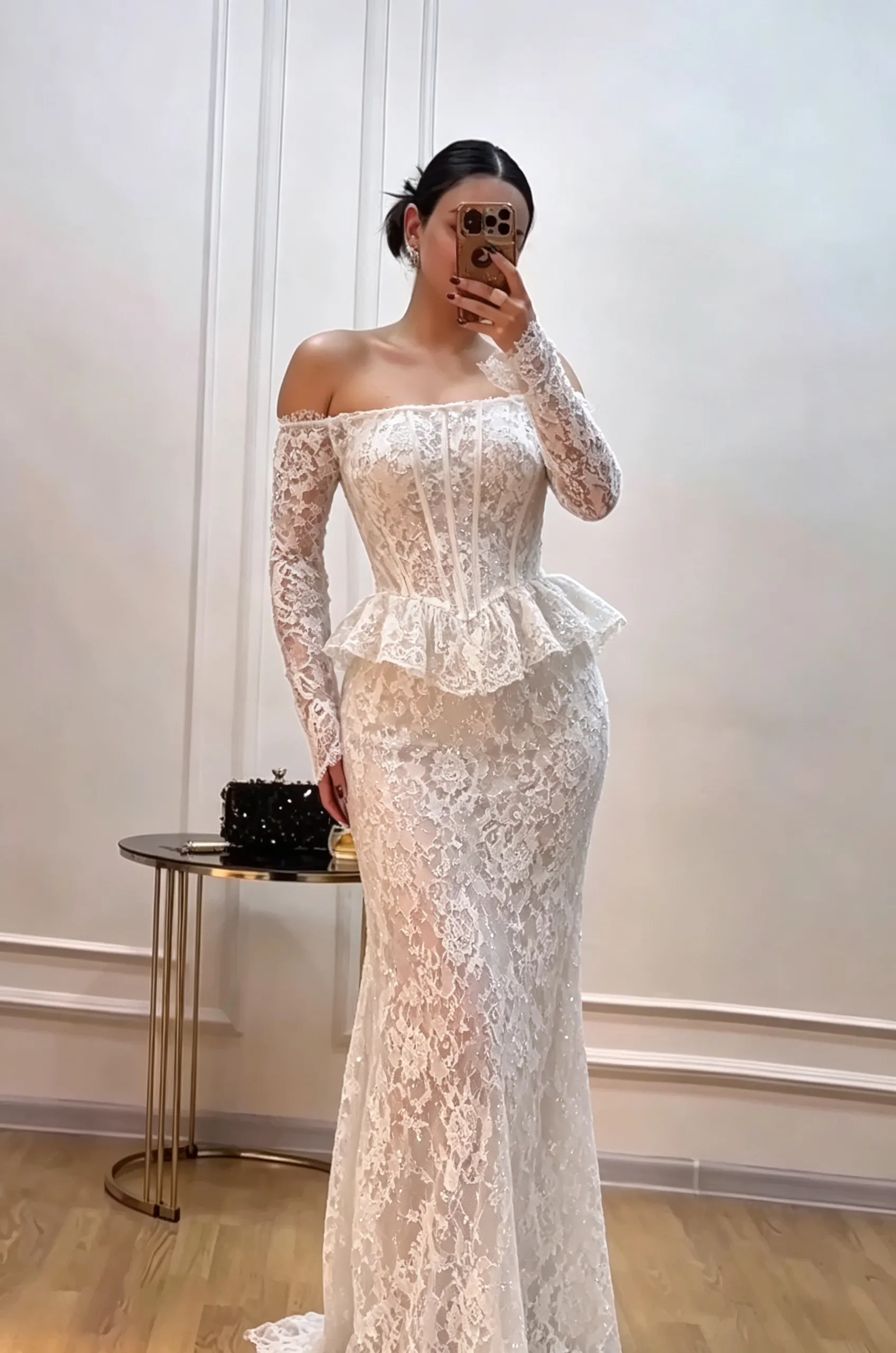 Daisda Exquisite Black Lace Long Sleeves Off-The-Shoulder Long Prom Dress With Sequins