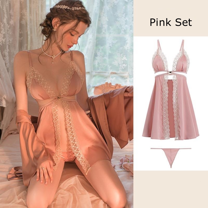 Lovingerie - Sexy V-neck Front Buckle Lace Silk Nightgown Set