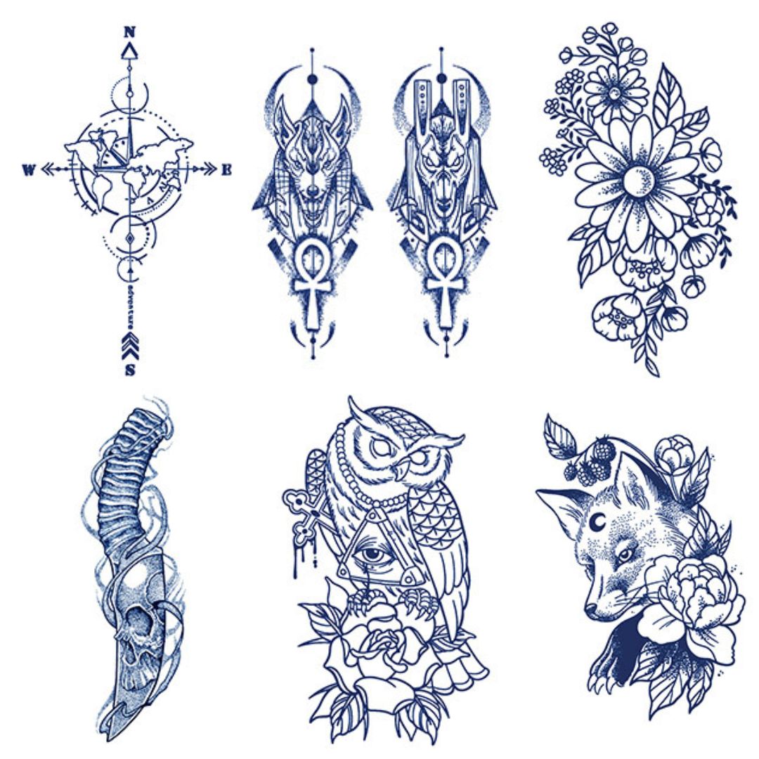 6 Sheets Wolf Flower Owl Fox Knife Semi-Permanent Tattoo Stickers