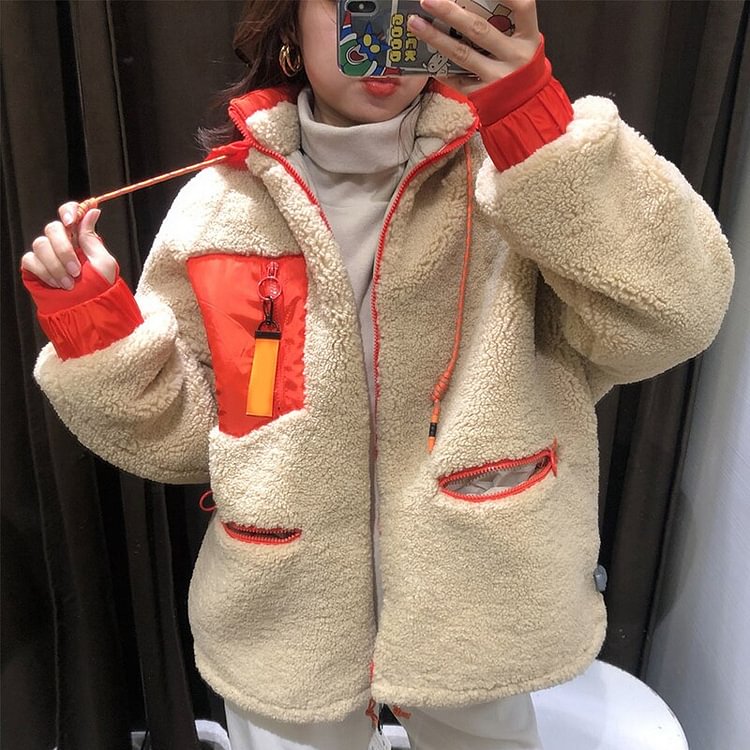 New Winter Thick Warm Lambswool Hooded Jacket Coat Women Casual Zipper Patchwork Loose Outwear Female Oversize Parkas Mujer - BlackFridayBuys