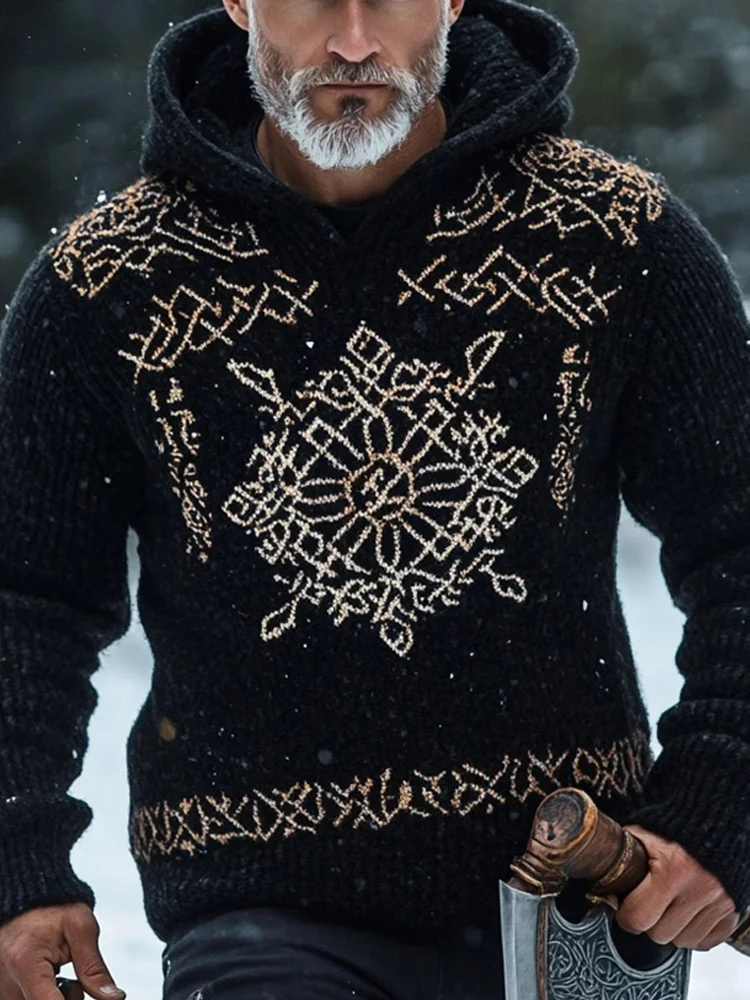 Men's Vintage Viking Inspired Jacquard Cozy Hooded Sweater